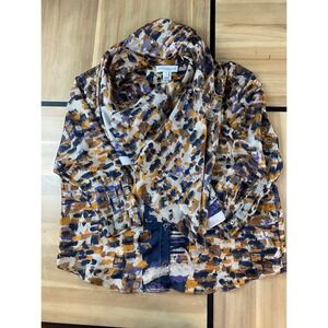 DENNIS MEROTTO Abstract Print Silk Blouse Button Front Collar Top Size 14